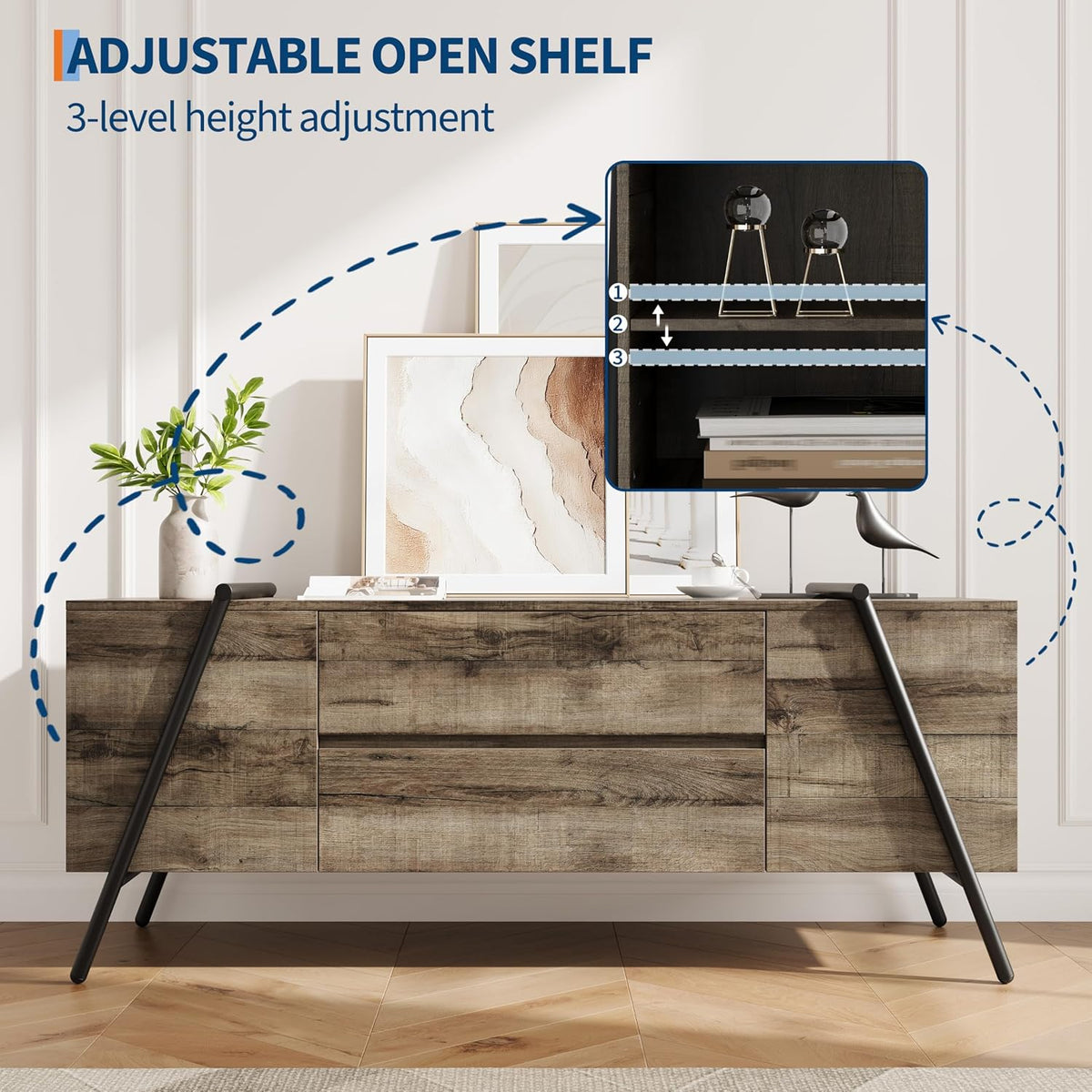 55 Inch Wooden TV Stand with 2 Drawers & Adjustable Shelf, Modern Entertainment Center with U-Shaped Metal Legs for 50-65 Inch Tvs, Media Console for Living Room & Bedroom