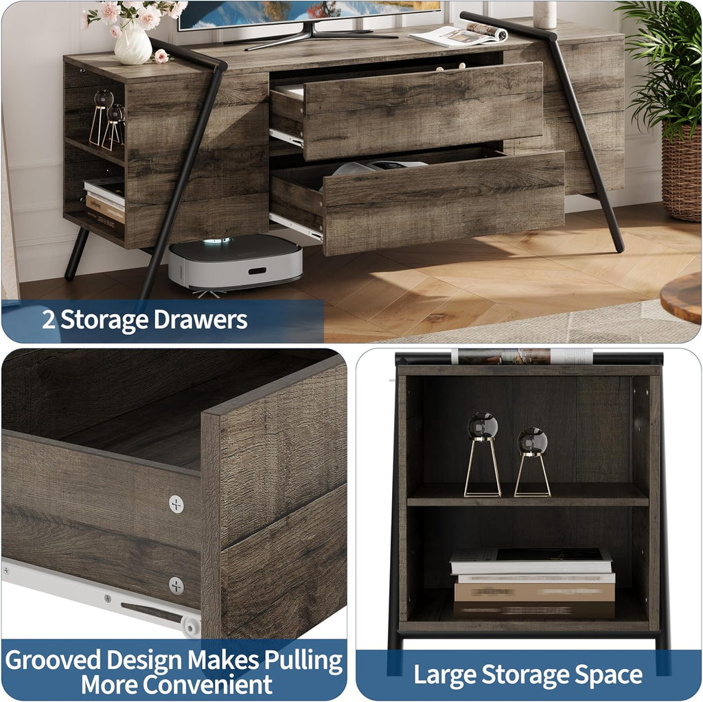 55 Inch Wooden TV Stand with 2 Drawers & Adjustable Shelf, Modern Entertainment Center with U-Shaped Metal Legs for 50-65 Inch Tvs, Media Console for Living Room & Bedroom
