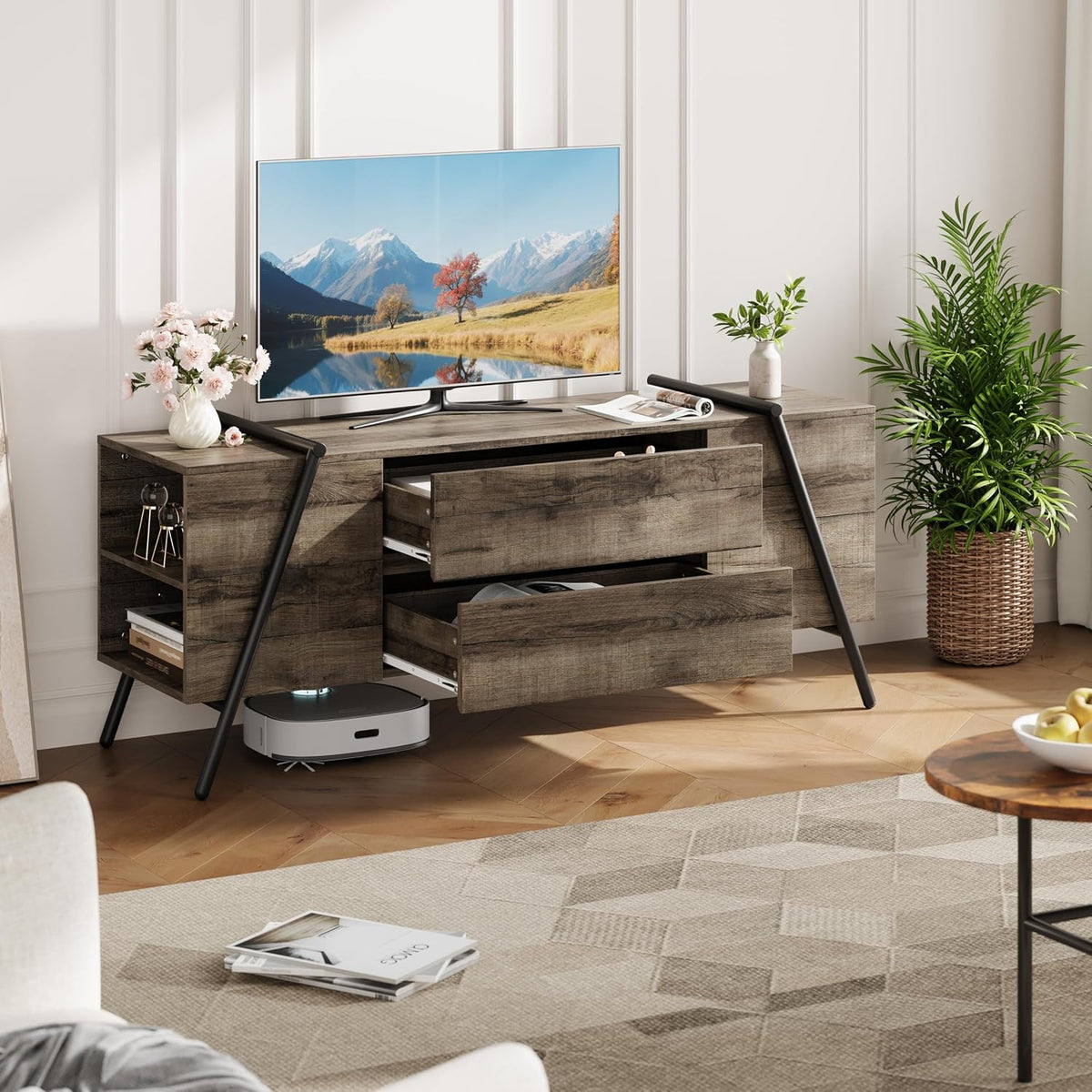 55 Inch Wooden TV Stand with 2 Drawers & Adjustable Shelf, Modern Entertainment Center with U-Shaped Metal Legs for 50-65 Inch Tvs, Media Console for Living Room & Bedroom
