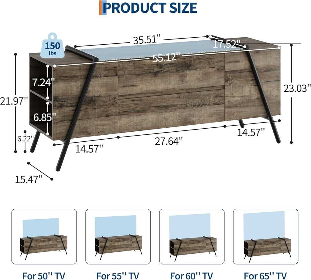 55 Inch Wooden TV Stand with 2 Drawers & Adjustable Shelf, Modern Entertainment Center with U-Shaped Metal Legs for 50-65 Inch Tvs, Media Console for Living Room & Bedroom