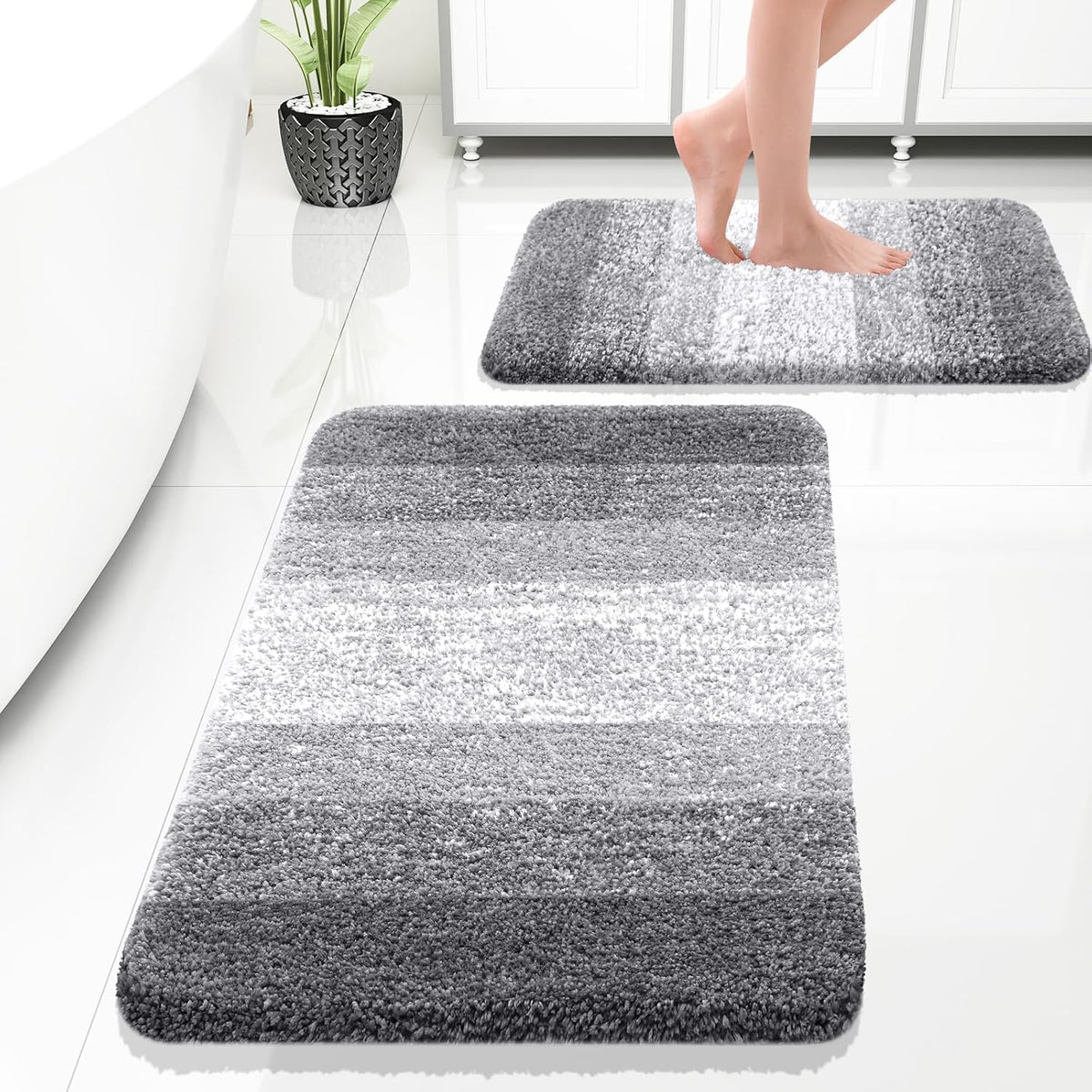 Micorfiber Bathroom Rug Set 2 Piece, 30"X20"+24"X16" | Grey, Soft Absorbent Bath Rug Set, Non-Slip, Machine Wash Dry, Plush Shaggy Bath Mats for Bathroom