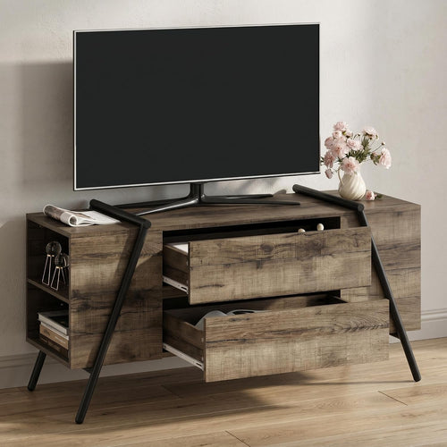 55 Inch Wooden TV Stand with 2 Drawers & Adjustable Shelf, Modern Entertainment Center with U-Shaped Metal Legs for 50-65 Inch Tvs, Media Console for Living Room & Bedroom