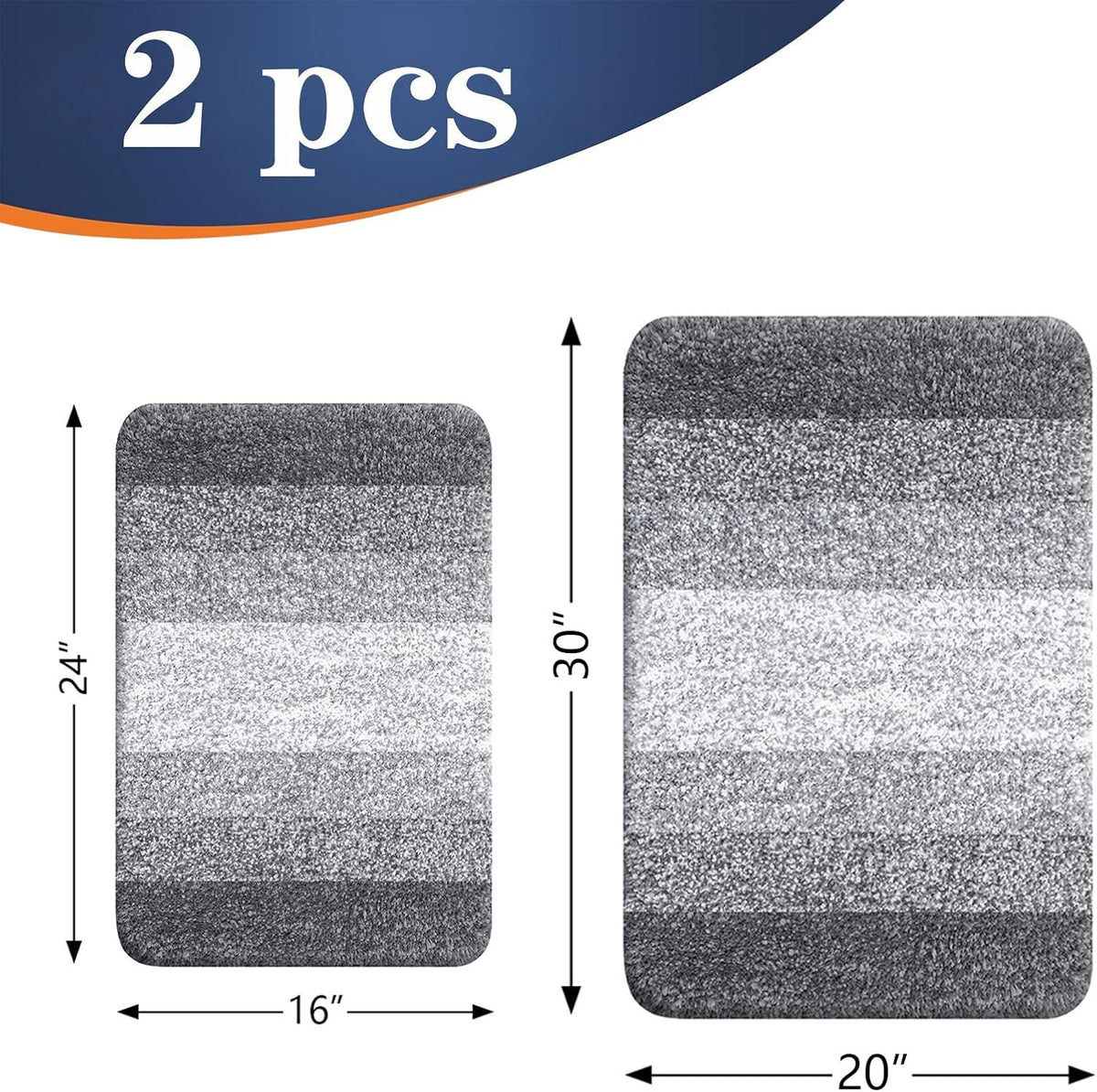 Micorfiber Bathroom Rug Set 2 Piece, 30"X20"+24"X16" | Grey, Soft Absorbent Bath Rug Set, Non-Slip, Machine Wash Dry, Plush Shaggy Bath Mats for Bathroom